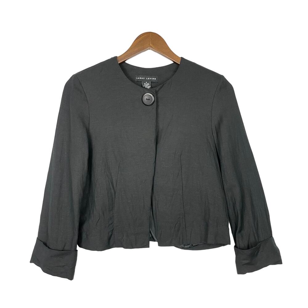 Larry Levine | Women's Black Linen Blend Single Button Chic Cropped Jacket